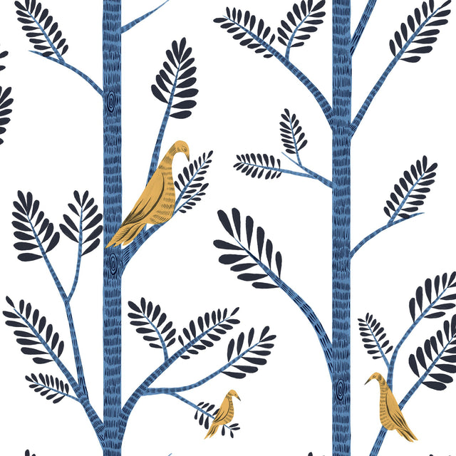 Aviary Branch Blue & Yellow Peel & Stick Wallpaper with Botanical Birds - York PSW1236RL