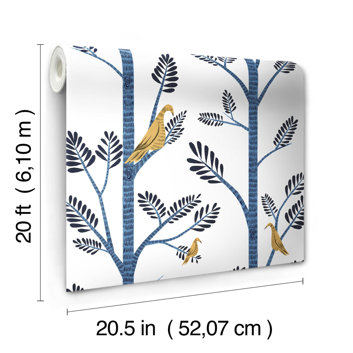 Aviary Branch Blue & Yellow Peel & Stick Wallpaper with Botanical Birds - York PSW1236RL