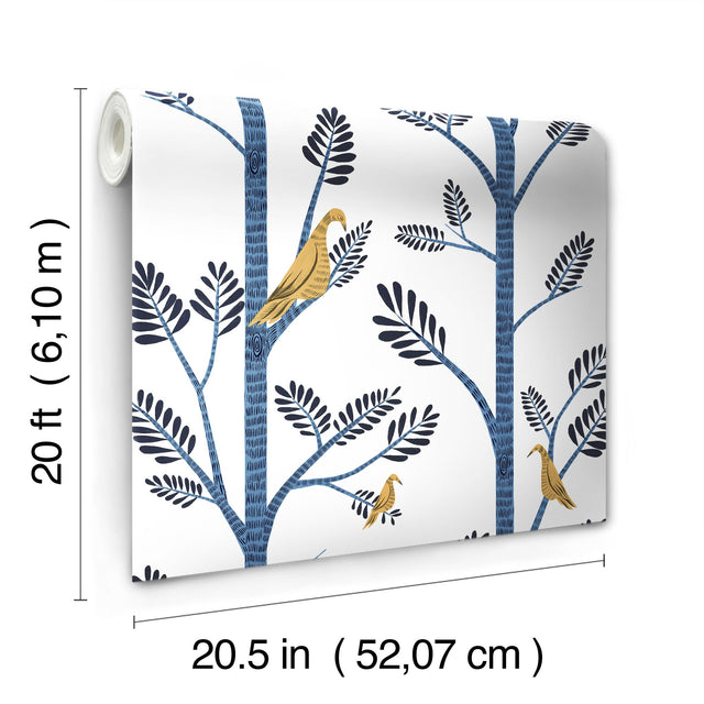 Aviary Branch Blue & Yellow Peel & Stick Wallpaper with Botanical Birds - York PSW1236RL