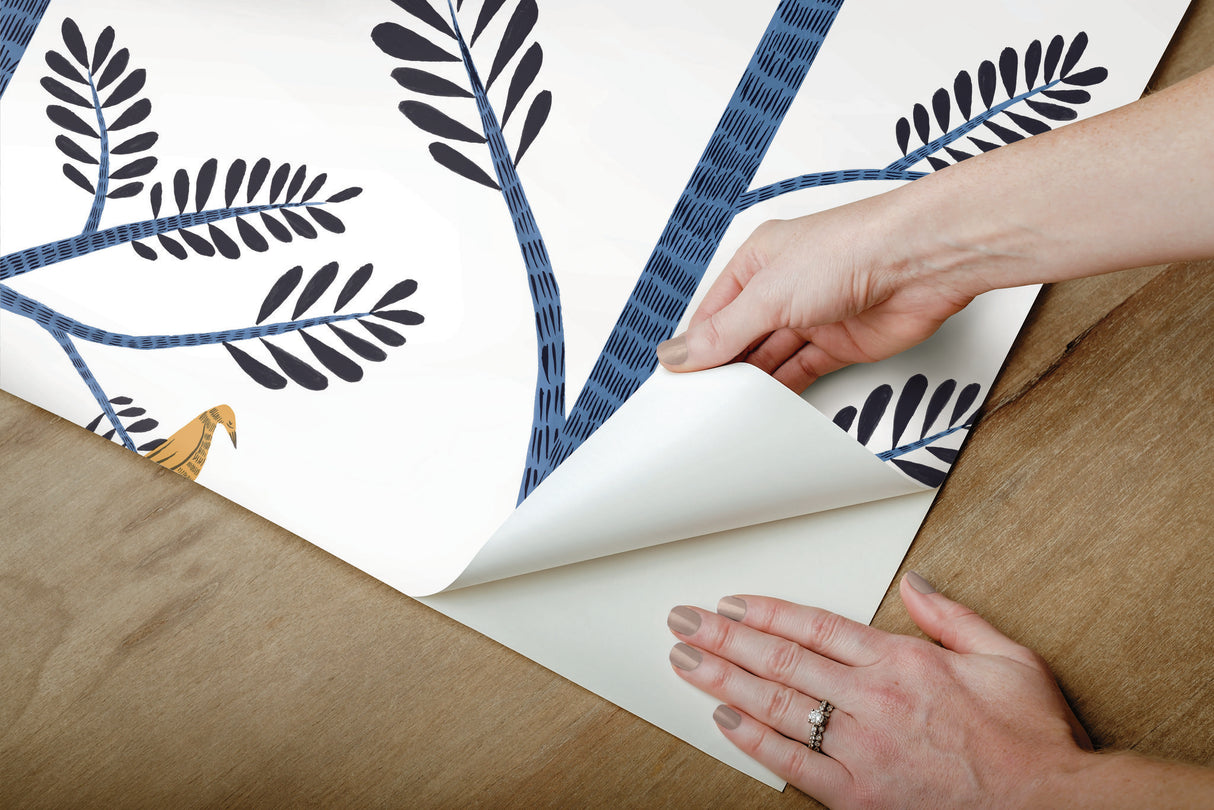 Aviary Branch Blue & Yellow Peel & Stick Wallpaper with Botanical Birds - York PSW1236RL