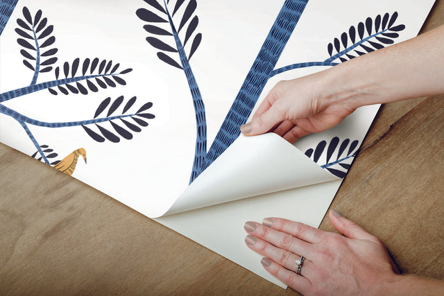 Aviary Branch Blue & Yellow Peel & Stick Wallpaper with Botanical Birds - York PSW1236RL