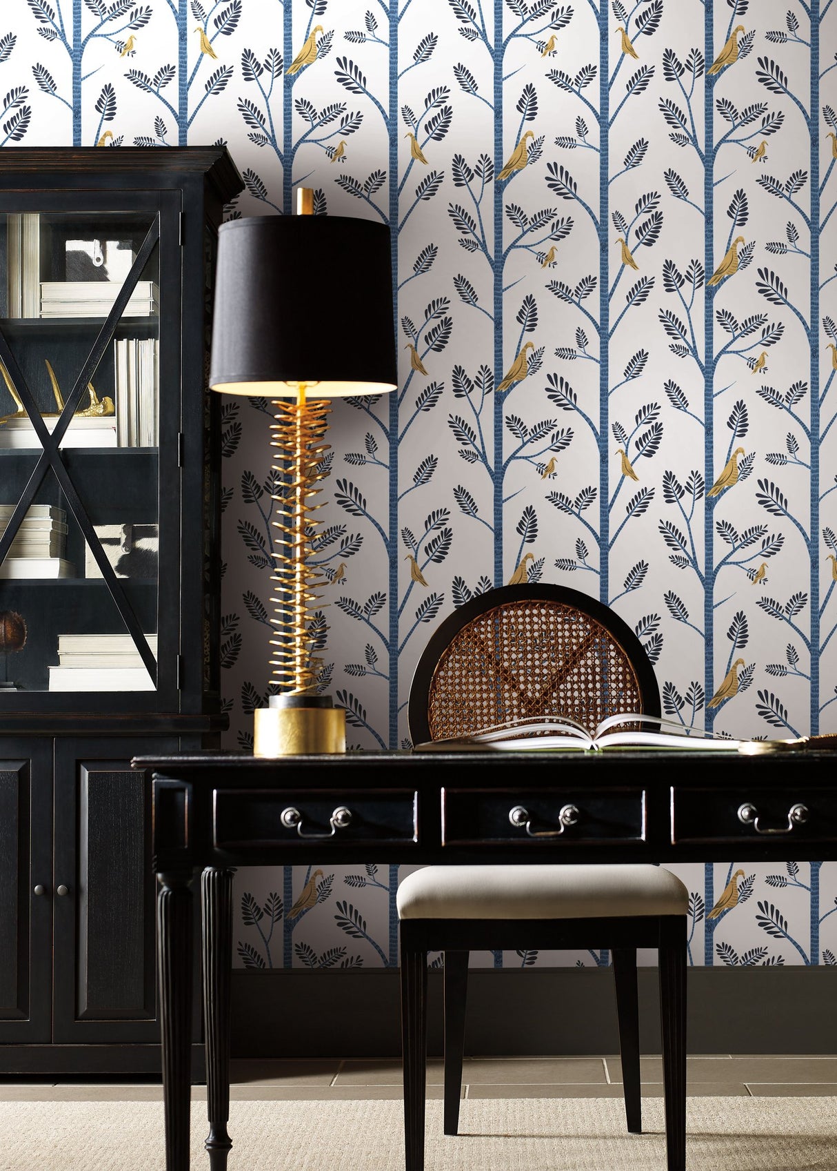 Aviary Branch Blue & Yellow Peel & Stick Wallpaper with Botanical Birds - York PSW1236RL