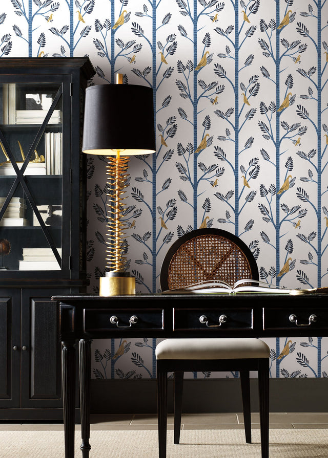 Aviary Branch Blue & Yellow Peel & Stick Wallpaper with Botanical Birds - York PSW1236RL