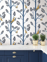 Aviary Branch Blue & Yellow Peel & Stick Wallpaper with Botanical Birds - York PSW1236RL