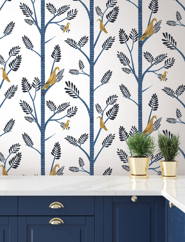 Aviary Branch Blue & Yellow Peel & Stick Wallpaper with Botanical Birds - York PSW1236RL