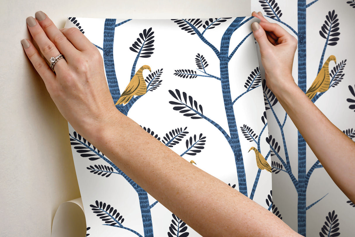 Aviary Branch Blue & Yellow Peel & Stick Wallpaper with Botanical Birds - York PSW1236RL