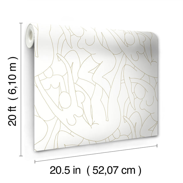 Head over Heels Gold Metallic Peel & Stick Wallpaper with Line Art Figure Motif - York PSW1257RL
