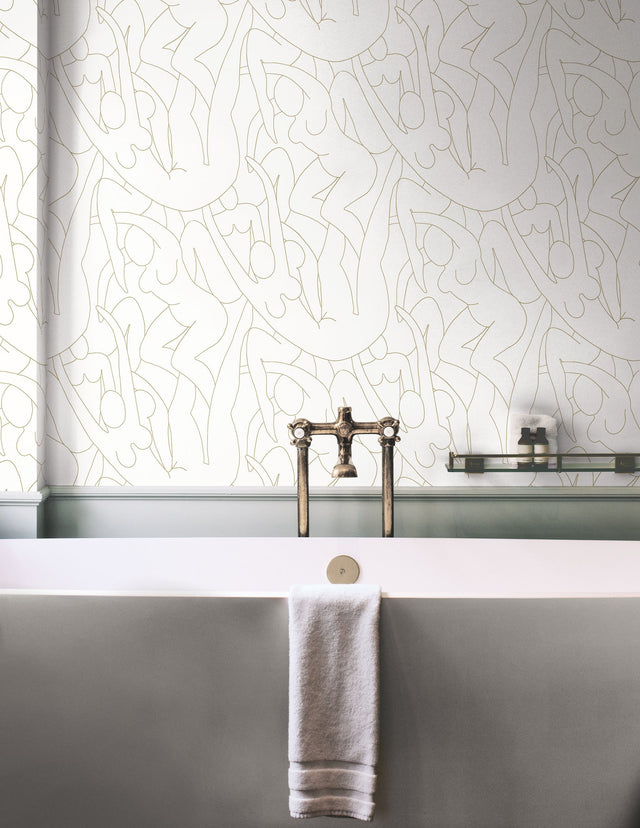 Head over Heels Gold Metallic Peel & Stick Wallpaper with Line Art Figure Motif - York PSW1257RL