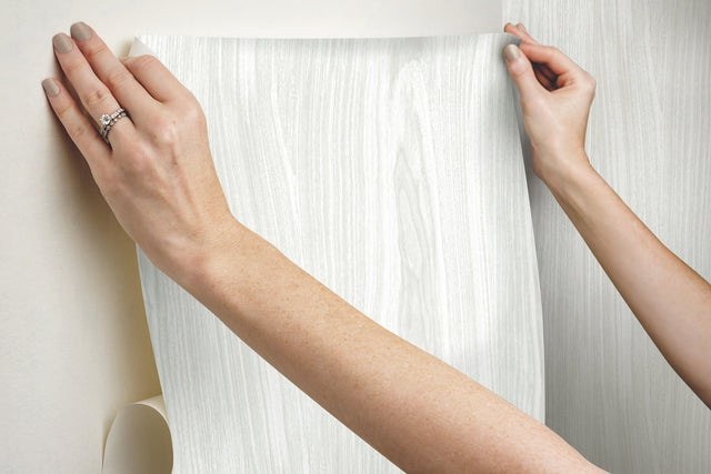 Linden White Peel & Stick Wallpaper with Faux Woodgrain Pattern - York PSW1276RL