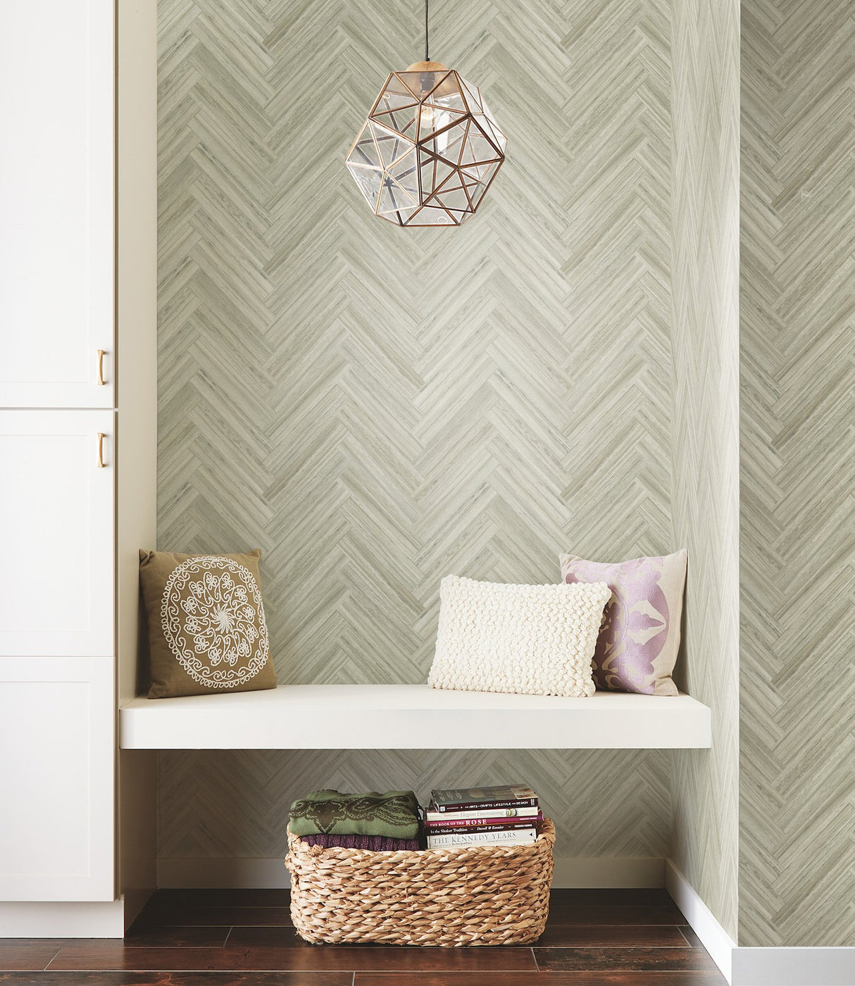 Hermosa Herringbone Brown Peel & Stick Wallpaper with Woodgrain Herringbone Pattern - York PSW1286RL