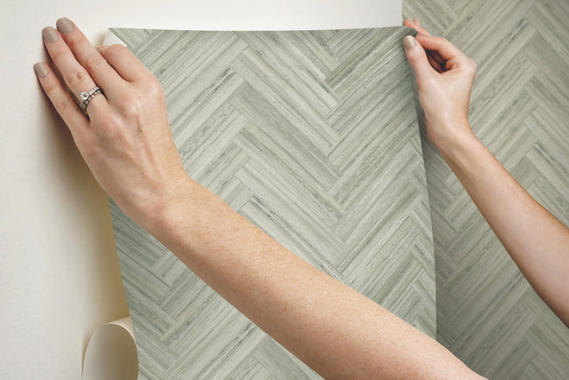 Hermosa Herringbone Brown Peel & Stick Wallpaper with Woodgrain Herringbone Pattern - York PSW1286RL