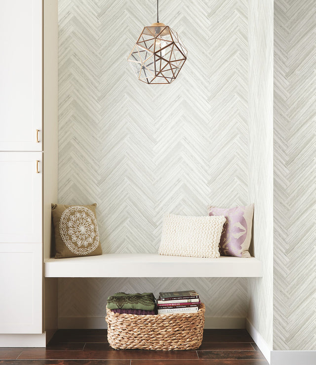 Hermosa Herringbone Beige Peel & Stick Wallpaper with Woodgrain Herringbone Motif - York PSW1287RL