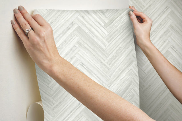 Hermosa Herringbone Beige Peel & Stick Wallpaper with Woodgrain Herringbone Motif - York PSW1287RL
