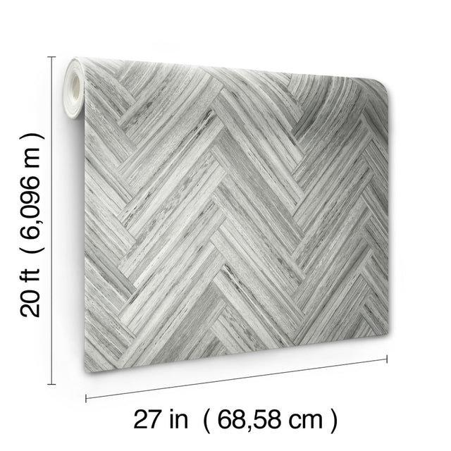 Hermosa Herringbone Grey Peel & Stick Wallpaper with Woodgrain Chevron Pattern - York PSW1288RL