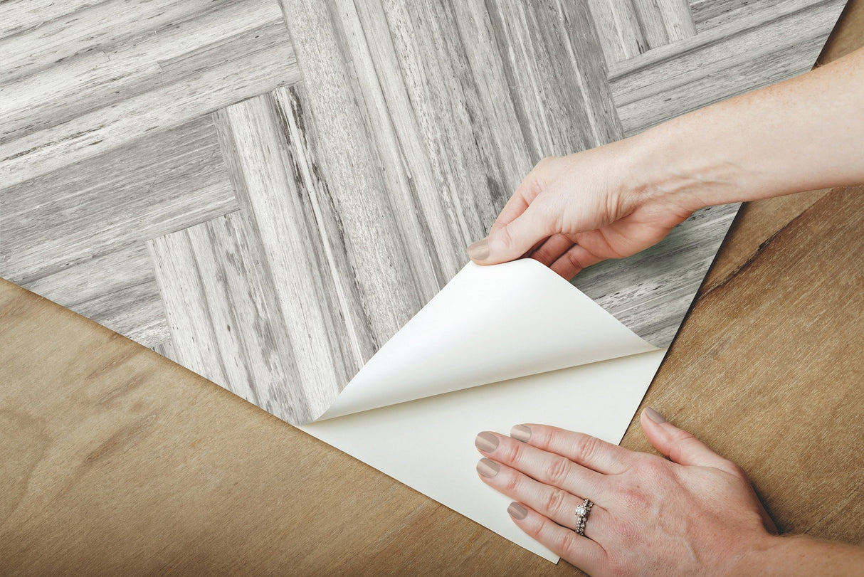 Hermosa Herringbone Grey Peel & Stick Wallpaper with Woodgrain Chevron Pattern - York PSW1288RL