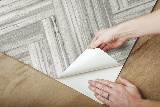 Hermosa Herringbone Grey Peel & Stick Wallpaper with Woodgrain Chevron Pattern - York PSW1288RL