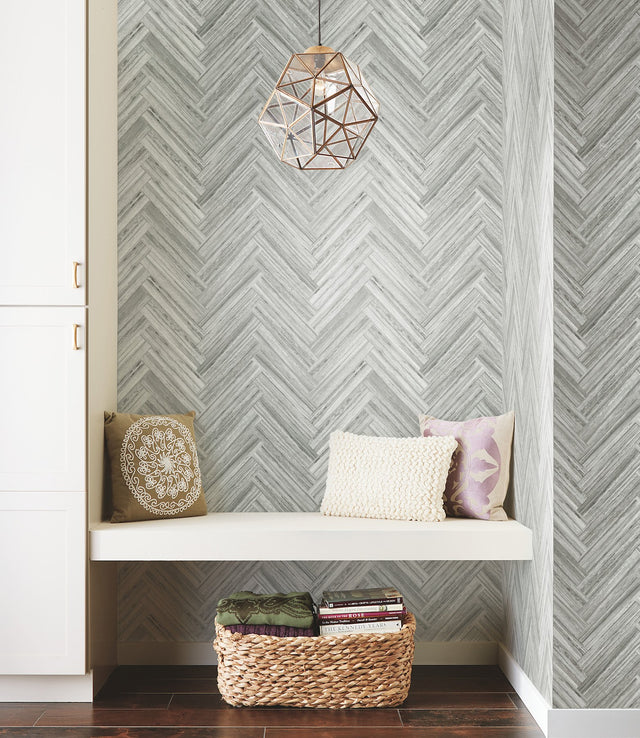 Hermosa Herringbone Grey Peel & Stick Wallpaper with Woodgrain Chevron Pattern - York PSW1288RL