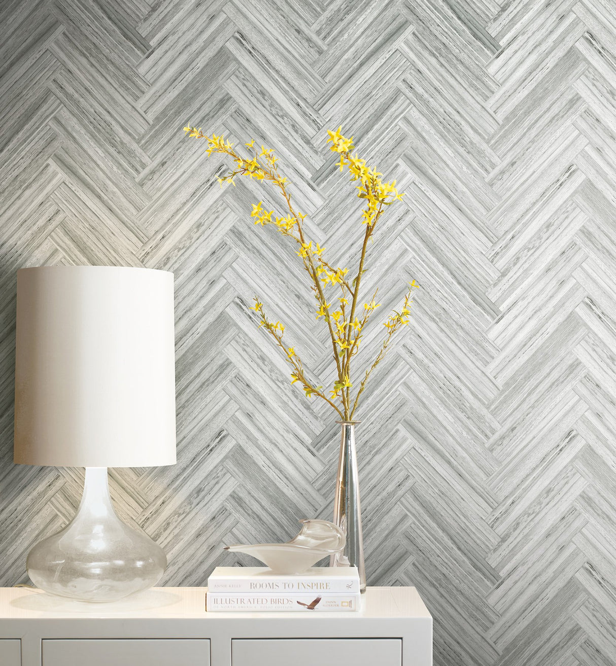 Hermosa Herringbone Grey Peel & Stick Wallpaper with Woodgrain Chevron Pattern - York PSW1288RL