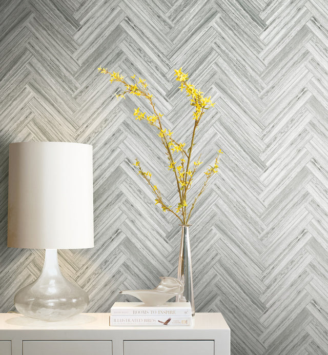 Hermosa Herringbone Grey Peel & Stick Wallpaper with Woodgrain Chevron Pattern - York PSW1288RL