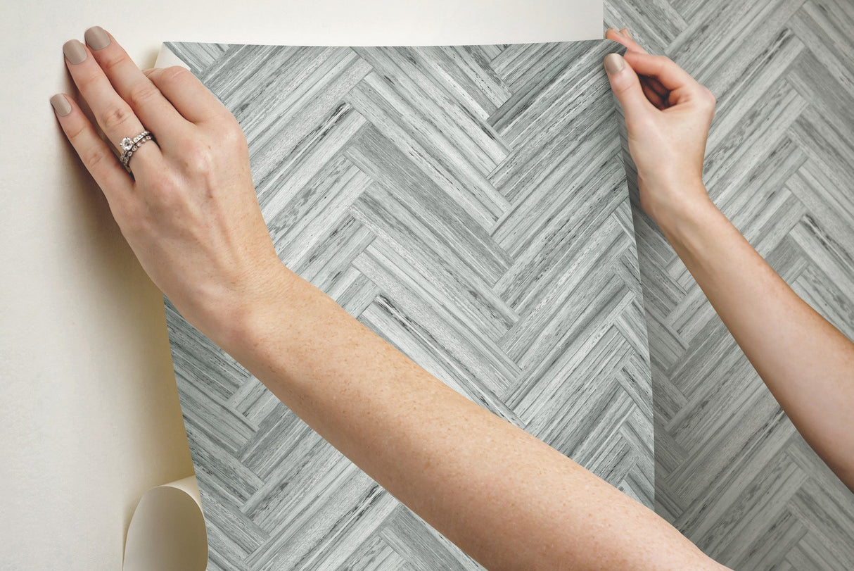 Hermosa Herringbone Grey Peel & Stick Wallpaper with Woodgrain Chevron Pattern - York PSW1288RL