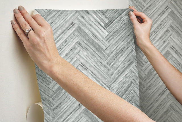 Hermosa Herringbone Grey Peel & Stick Wallpaper with Woodgrain Chevron Pattern - York PSW1288RL