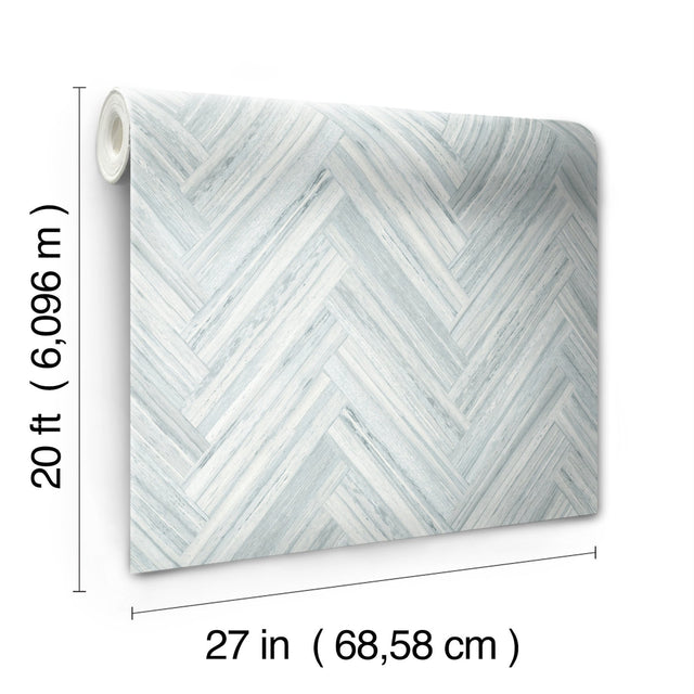 Hermosa Herringbone Blue Peel & Stick Wallpaper with Weathered Wood Chevron Pattern - York PSW1289RL