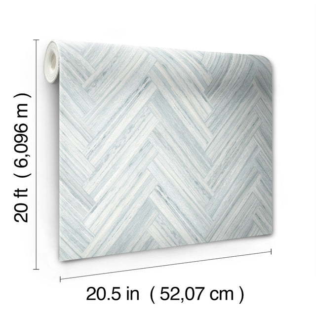 Hermosa Herringbone Blue Peel & Stick Wallpaper with Weathered Wood Chevron Pattern - York PSW1289RL