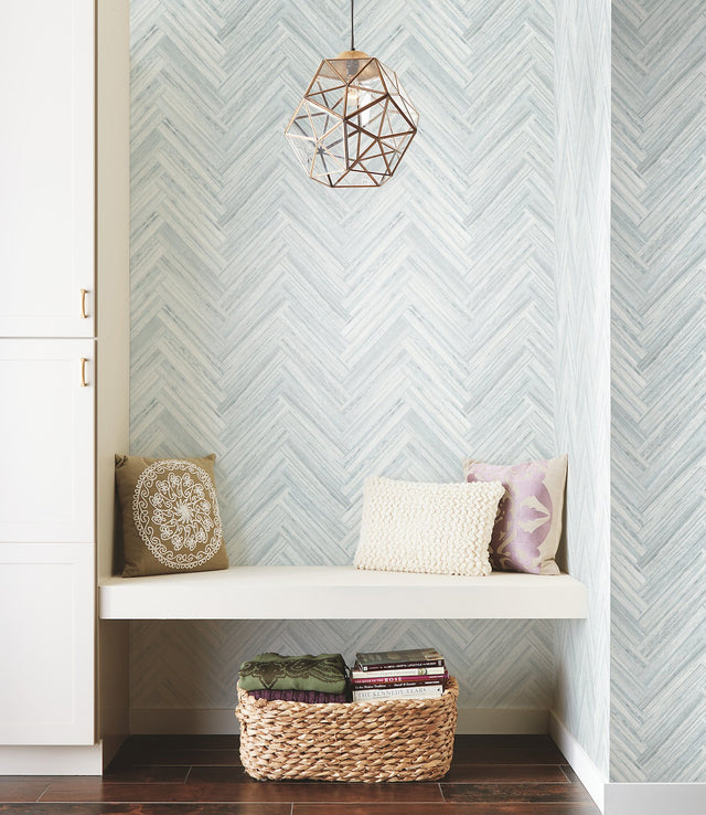 Hermosa Herringbone Blue Peel & Stick Wallpaper with Weathered Wood Chevron Pattern - York PSW1289RL
