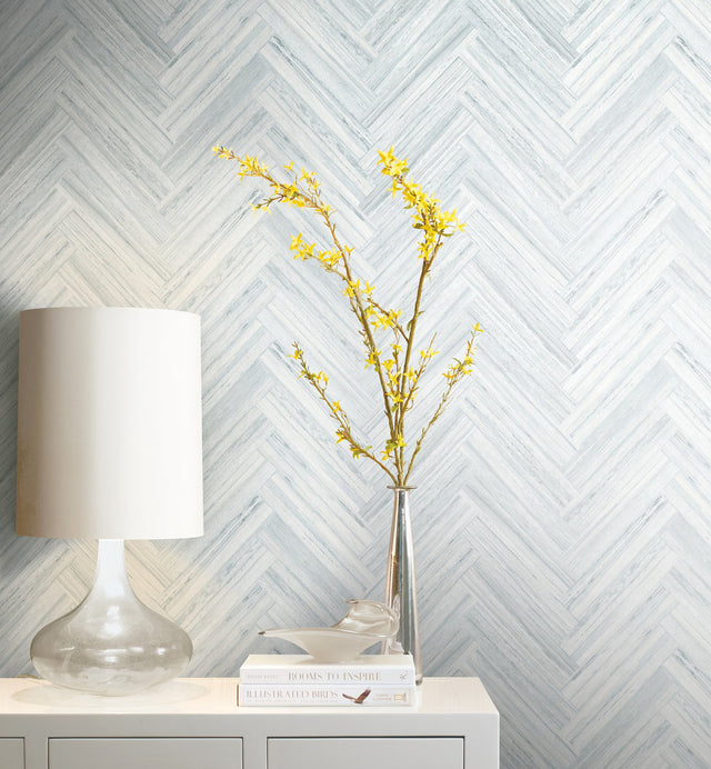 Hermosa Herringbone Blue Peel & Stick Wallpaper with Weathered Wood Chevron Pattern - York PSW1289RL
