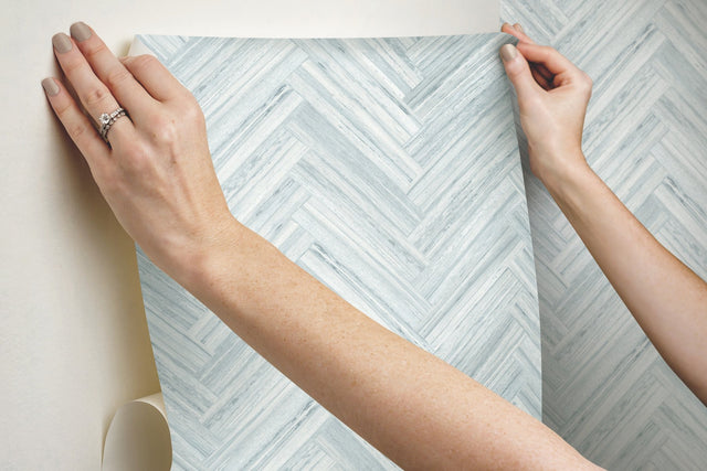 Hermosa Herringbone Blue Peel & Stick Wallpaper with Weathered Wood Chevron Pattern - York PSW1289RL