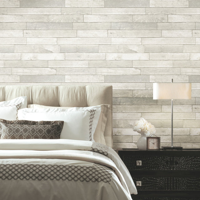 Warehouse Planks White Peel & Stick Wallpaper with Weathered Wood Plank Pattern - York PSW1293RL