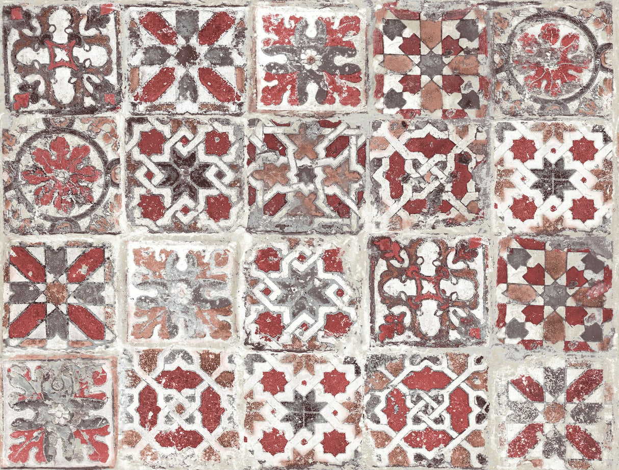 Encaustic Tile Red Peel & Stick Wallpaper with Brick, Wood & Stone Motif - York PSW1300RL