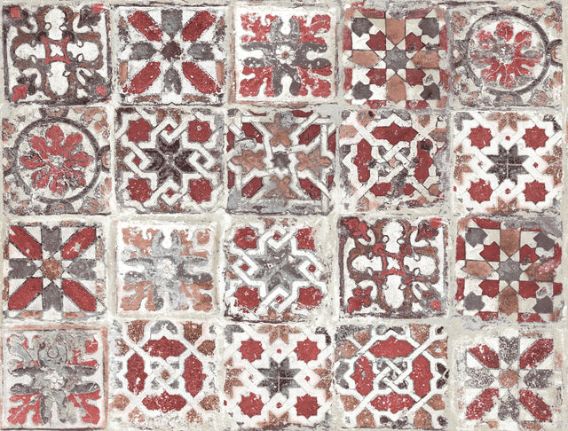 Encaustic Tile Red Peel & Stick Wallpaper with Brick, Wood & Stone Motif - York PSW1300RL