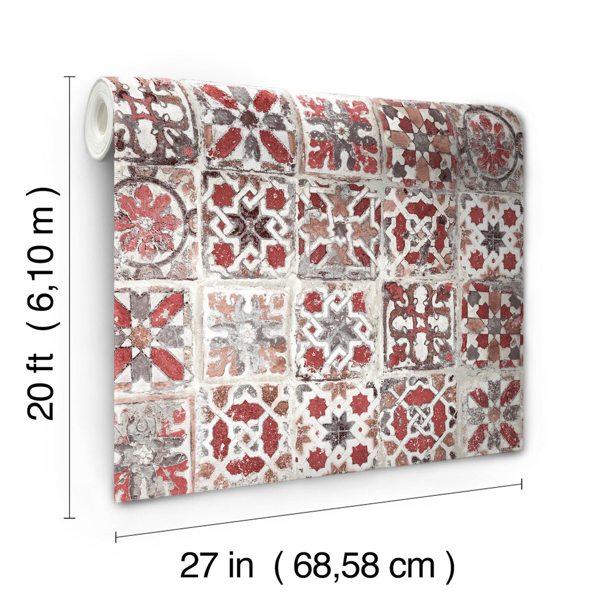 Encaustic Tile Red Peel & Stick Wallpaper with Brick, Wood & Stone Motif - York PSW1300RL
