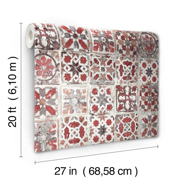 Encaustic Tile Red Peel & Stick Wallpaper with Brick, Wood & Stone Motif - York PSW1300RL