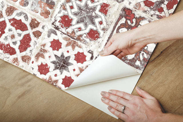 Encaustic Tile Red Peel & Stick Wallpaper with Brick, Wood & Stone Motif - York PSW1300RL