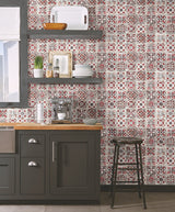 Encaustic Tile Red Peel & Stick Wallpaper with Brick, Wood & Stone Motif - York PSW1300RL