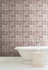 Encaustic Tile Red Peel & Stick Wallpaper with Brick, Wood & Stone Motif - York PSW1300RL