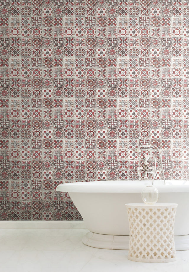 Encaustic Tile Red Peel & Stick Wallpaper with Brick, Wood & Stone Motif - York PSW1300RL