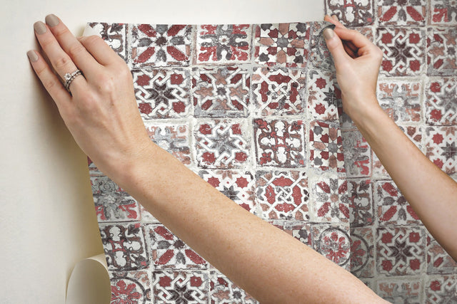 Encaustic Tile Red Peel & Stick Wallpaper with Brick, Wood & Stone Motif - York PSW1300RL