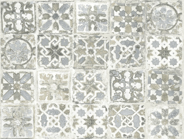 Encaustic Tile Grey Peel & Stick Wallpaper with Vintage Tile Pattern - York PSW1301RL