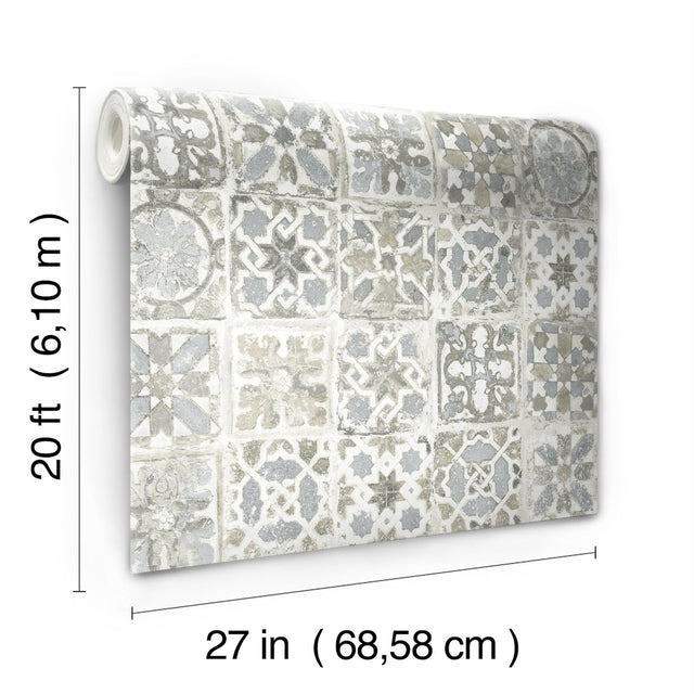 Encaustic Tile Grey Peel & Stick Wallpaper with Vintage Tile Pattern - York PSW1301RL
