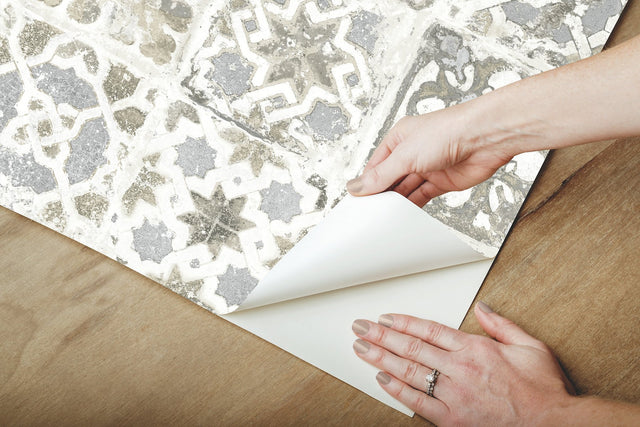 Encaustic Tile Grey Peel & Stick Wallpaper with Vintage Tile Pattern - York PSW1301RL