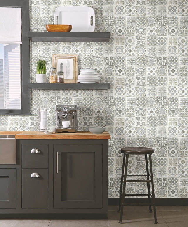 Encaustic Tile Grey Peel & Stick Wallpaper with Vintage Tile Pattern - York PSW1301RL