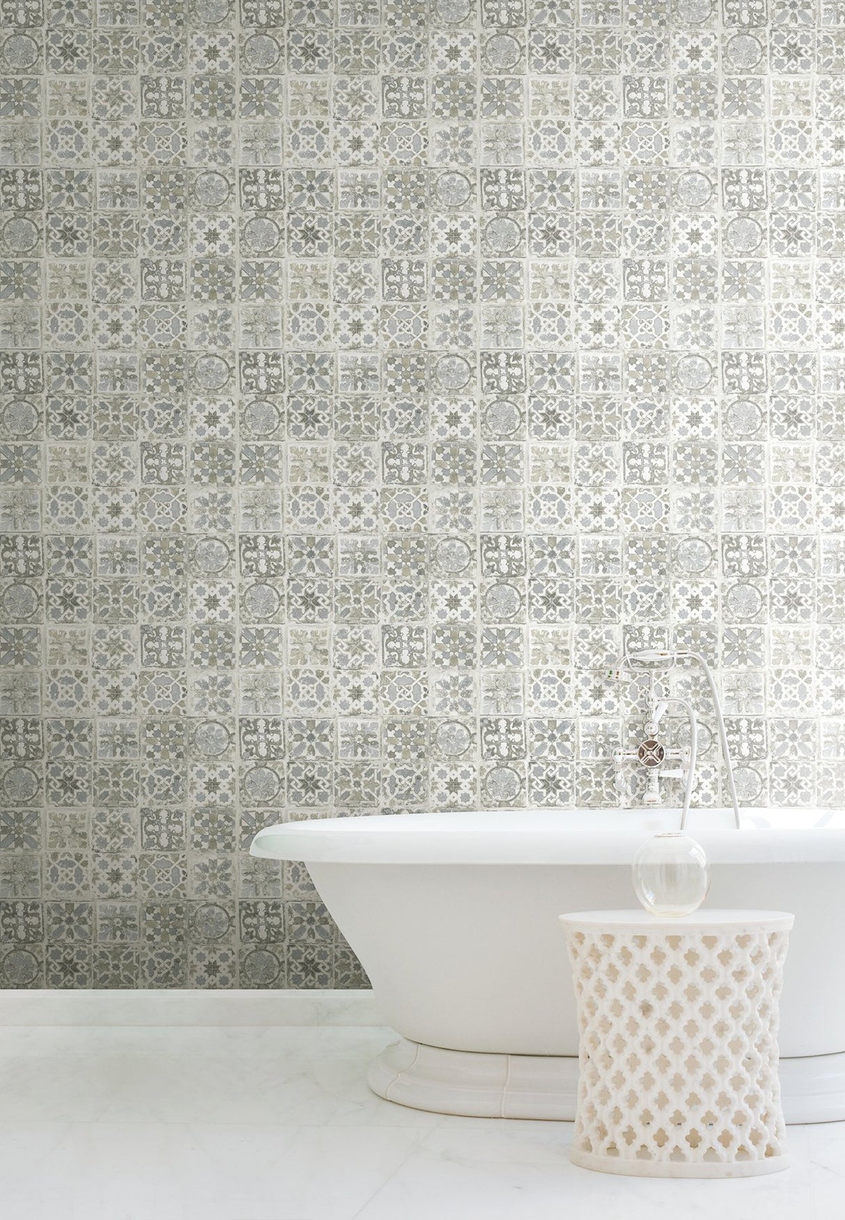 Encaustic Tile Grey Peel & Stick Wallpaper with Vintage Tile Pattern - York PSW1301RL