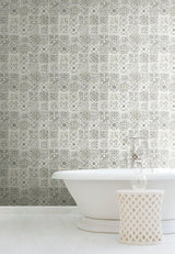 Encaustic Tile Grey Peel & Stick Wallpaper with Vintage Tile Pattern - York PSW1301RL