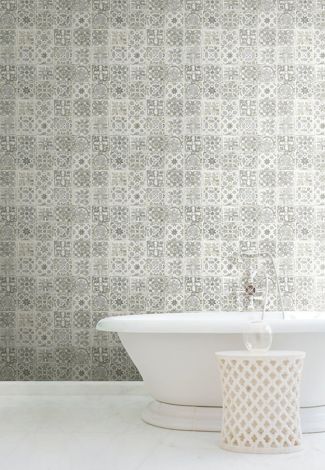 Encaustic Tile Grey Peel & Stick Wallpaper with Vintage Tile Pattern - York PSW1301RL
