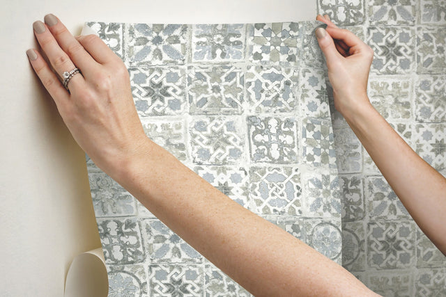 Encaustic Tile Grey Peel & Stick Wallpaper with Vintage Tile Pattern - York PSW1301RL