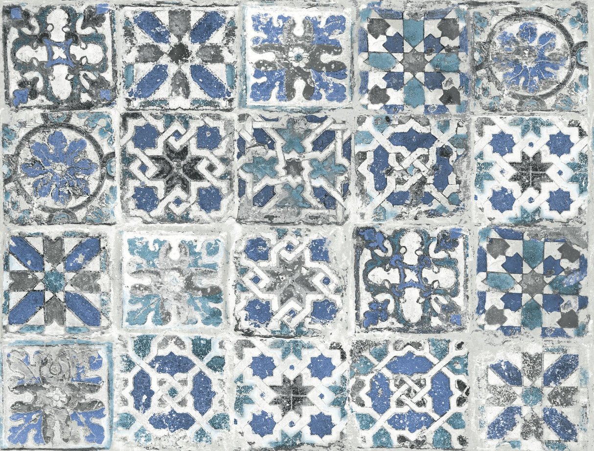 Encaustic Tile Blue Peel & Stick Wallpaper with Weathered Tile Motif - York PSW1302RL