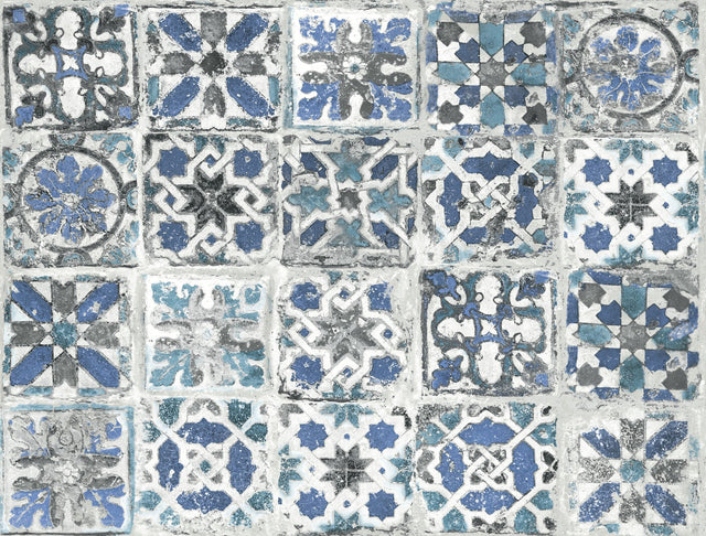 Encaustic Tile Blue Peel & Stick Wallpaper with Weathered Tile Motif - York PSW1302RL